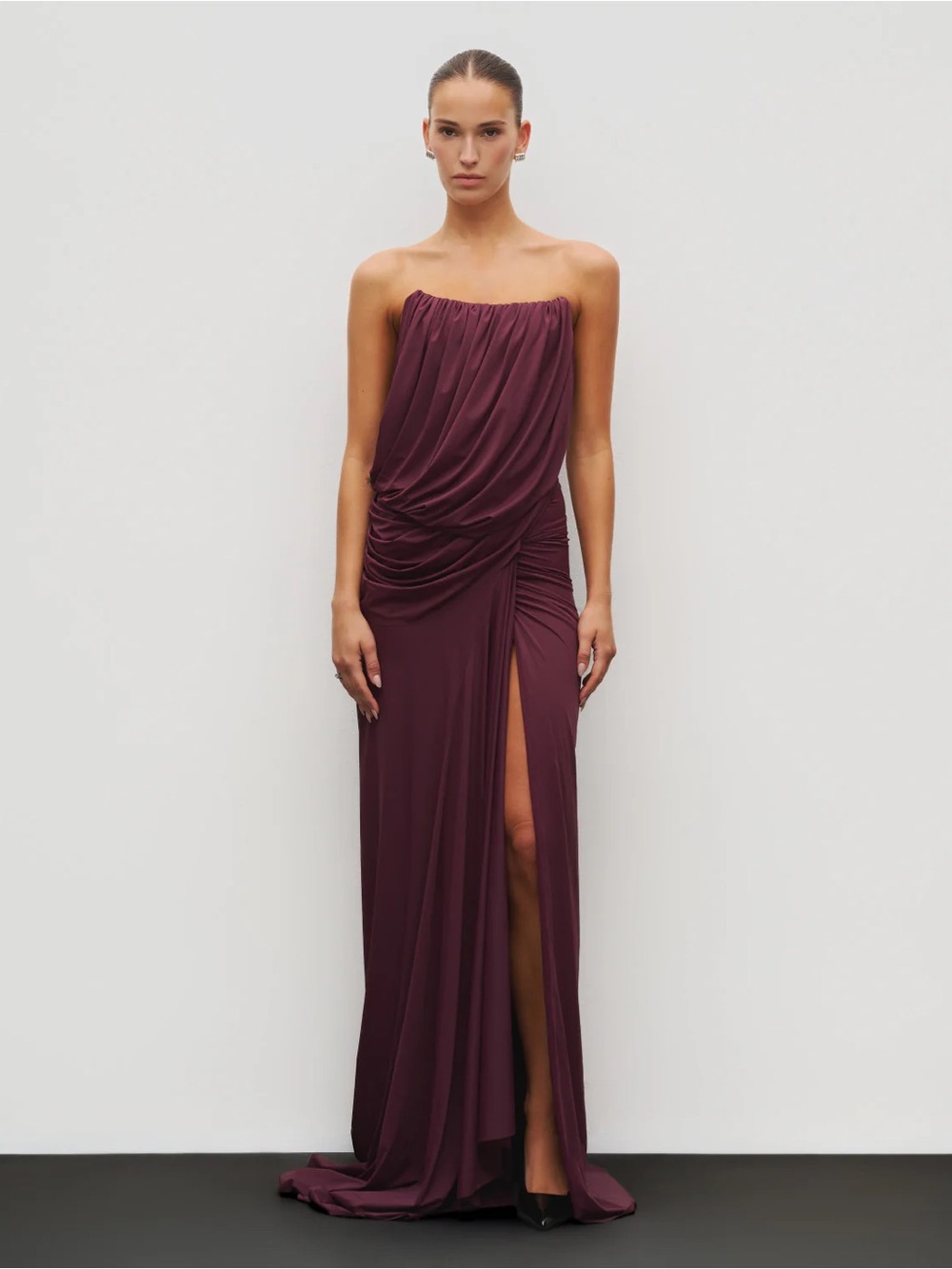The Gathered Drape Gown - Strapless Ruched Evening Gown in Deep Plum